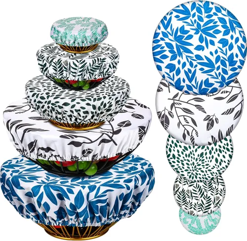 Vista 8 de 10 fundas reutilizables para tazones en 5 tamaños, tela elástica, para almacenamiento de alimentos, cubierta de tela de algodón para cocina, a