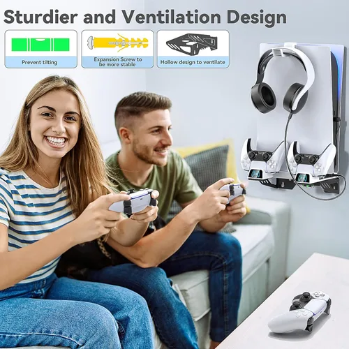 Vista 7 de Kit de montaje en pared PS5 con ventilador de refrigeración de 3 niveles y estación de carga dual, soporte de estante PS5 compatible con Playstation