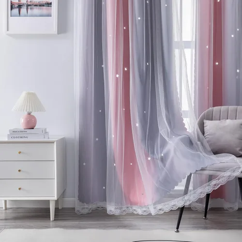 Vista 18 de XiDi Cortinas rosas y grises para dormitorio de niñas, calcomanías de pared de unicornio, cortina verde, cortinas de oscurecimiento de habitación