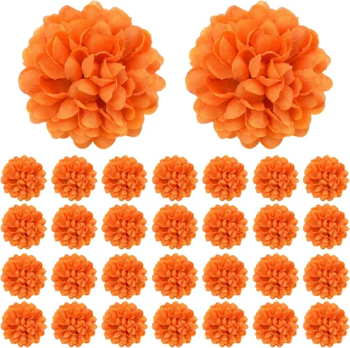 Vista 8 de Cabezas de flores artificiales de caléndula para Halloween, cabezas de flores de caléndula de seda, cabezas de flores de caléndula sintética, cabeza