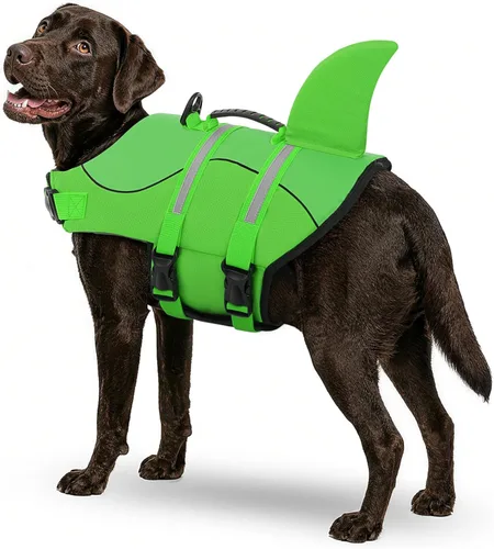 Vista 22 de Queenmore - Chaleco salvavidas para perros pequeños, medianos, grandes, estilo pescado, chaleco flotante con mango de goma suave ajustable, M