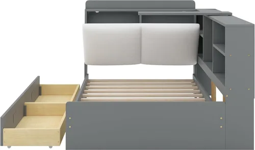 Vista 6 de Cama de plataforma de tamaño individual con cajones de almacenamiento, estantería y cabecera en forma de L, sofá cama de madera de pino con estantes