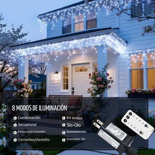 Vista 4 de JMEXSUSS 400 luces LED de Navidad de carámbano de 38.8 pies con control remoto, tira de luces multicolor para exteriores enchufables, 8 modos