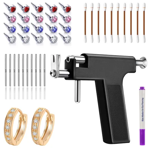 Kit de pistola de perforación de oreja, kit profesional de piercings corporales con un par de aretes chapados en oro real de 18 quilates, 20 aretes