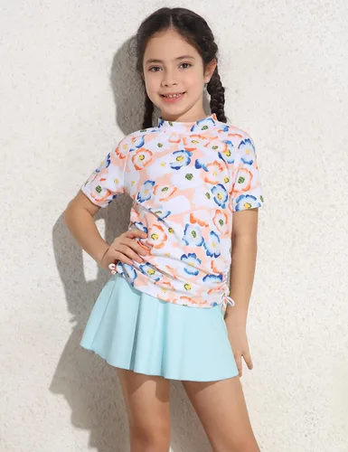 Vista 6 de Cadocado Traje de baño chic de 3 piezas para niñas con protección UPF 50+ floral de manga corta