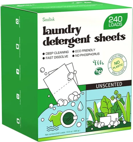 Vista 14 de Soulink Hojas de detergente para ropa con aroma a ropa recién lavada 240 cargas, tiras de detergente ecológicas para viajes y hogar - Sin envases