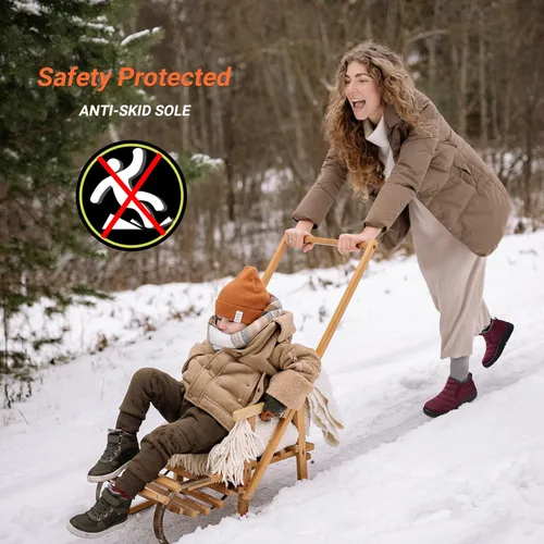 Vista 4 de scecocrs Botas de nieve impermeables sin cordones para mujer, forro de piel, antideslizantes, cómodas, cálidas, botas de tobillo