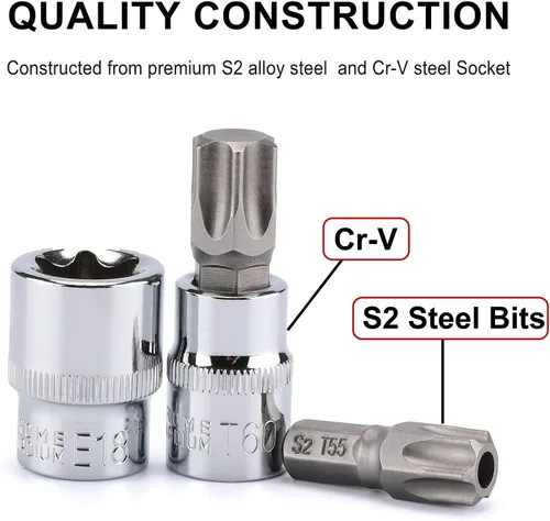 Vista 6 de CASOMAN 34 piezas de 3/8 pulgadas Torx Bit Socket y E-Torx (estrella) Juego de zócalos de acero CR-V y S2, E4-E20, T10-T60, a prueba