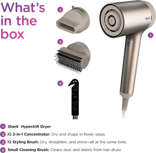 Vista 8 de Shark HD112BRN - Secadora de cabello HyperAIR Ionic Hair Dryer con concentrador 2 en 1 y accesorios de peinado, preajustes automáticos, cepillo