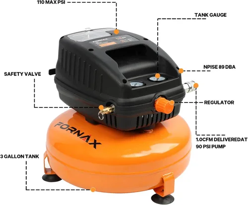 Vista 2 de FORNAX - Compresor de aire redondo, 3 galones, 110 PSI, compresor de aire portátil, sin aceite