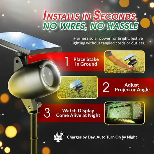 Vista 2 de STARTASTIC - Proyector solar de espectáculos de luz de Navidad – Luces láser de Navidad para exteriores, cubre 600 pies cuadrados, inalámbrico