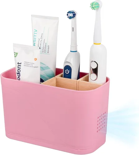 Vista 9 de Soporte para cepillo de dientes eléctrico de 3 ranuras con divisores de bambú para baños, organizador de cepillos de dientes y pasta de dientes