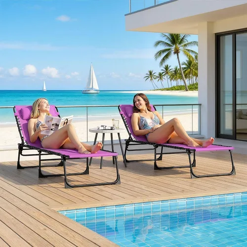 Vista 7 de 2-Piece Purple Folding Chaise Lounge Set: 4-Position Reclining Back, Breathable Mesh & Bungee Seat, Steel FFor rame, 264lb Capacity