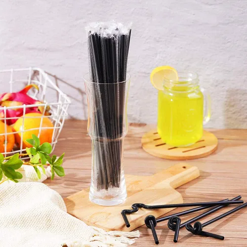 Vista 4 de 200 popotes desechables de plástico negro empaquetados individualmente (0.23 pulgadas de diámetro y 10.2 pulgadas de largo) (negro)