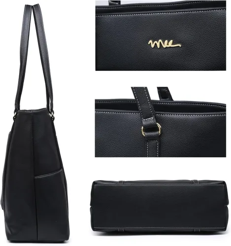 Vista 4 de Bolso de mano de cuero para computadora clásico de 15.6 pulgadas, Notebook, MacBook, bolso de viaje con diseño elegante de correa, Negro