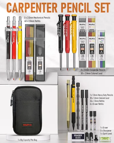 Vista 7 de Nicpro Juego de 28 lápices de carpintero con sacapuntas, lápices mecánicos de carpintero con 127 recambios y herramienta de grabado de carburo