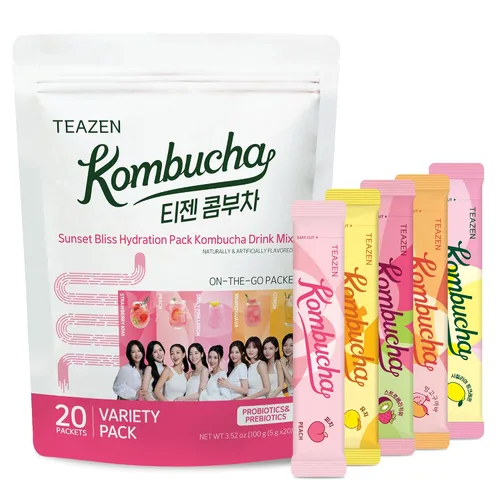 TEAZEN Kombucha Sunset Bliss - Paquete variado de hidratación – 20 paquetes, 5 sabores (melocotón, mango-guayaba, fresa-kiwi, cítrico, vino