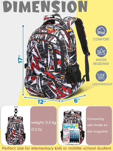 Vista 2 de BLUEFAIRY Mochila escolar para niños de regreso a la escuela, bolsa de libros, Negro Blanco, Triángulo