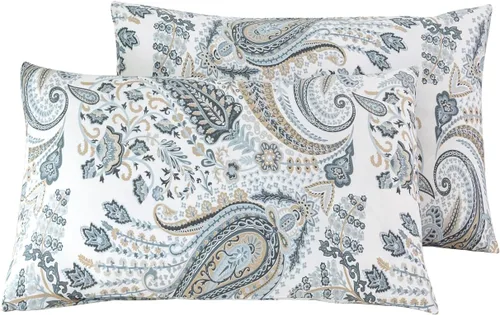 Vista 15 de SUSYBAO Juego de 2 fundas de almohada de tamaño Queen, 100% algodón, estampado floral, estampado de cachemira, color azul aguamarina, con cierre