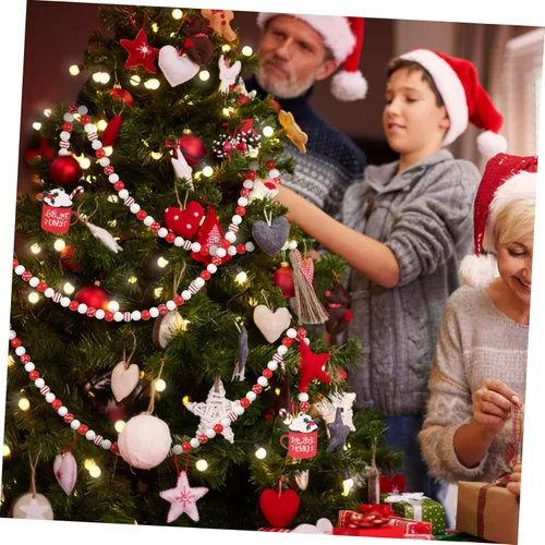 Vista 3 de VICASKY Guirnalda de cuentas de madera de Navidad con borlas, decoración de bandeja escalonada, cuentas colgantes de pared de granja con borlas