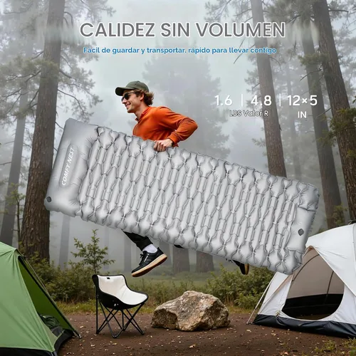Vista 7 de Colchoneta de dormir para acampar con valor R de 4.8, alfombrilla de campamento ultraligera con almohada y bomba de pie integrada, colchoneta