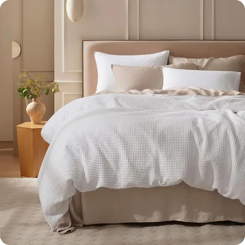 Vista 10 de Bedsure Funda de edredón de 100% algodón tamaño individual, tejido gofre, color blanco coco, GentleSoft y transpirable, juego de cama para regalo, 2