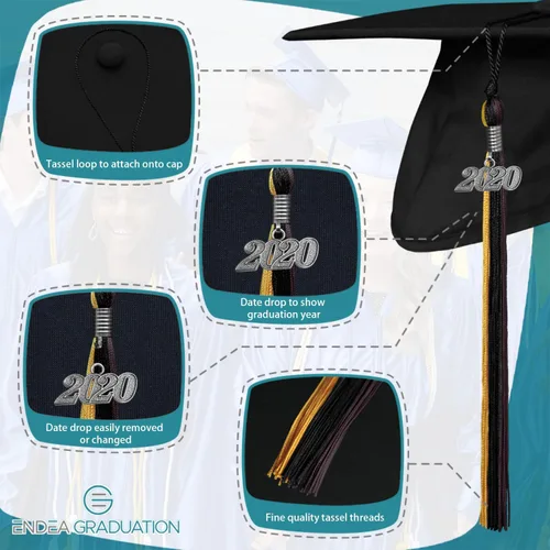 Vista 3 de Endea Graduation Borla de triple color con gota de fecha plateada (negro/dorado/granate, 2020)