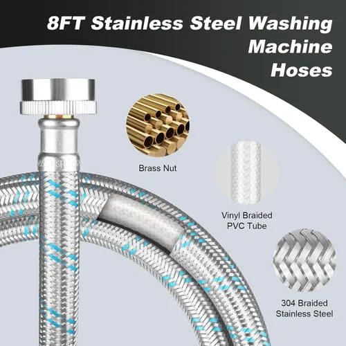 Vista 23 de Mangueras para lavadora, mangueras de lavado de codo de 90 grados de 4 pies, paquete de 2 líneas de suministro de agua trenzadas de acero inoxidable