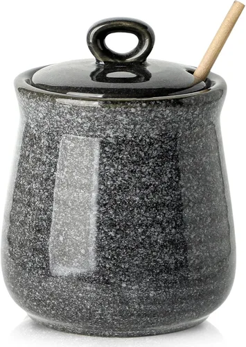 Vista 8 de HASENSE Olla de cerámica para miel con tapa, frasco de miel de 12 onzas con cucharón de madera, juego de palito y frasco para miel, lindo recipiente