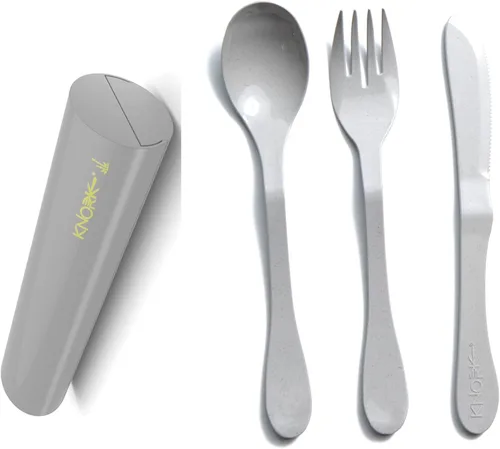 Vista 10 de Knork Eco Astrik - Juego de utensilios reutilizables compostables a base de plantas con funda de transporte, naranja, azul, blanco y gris, juego