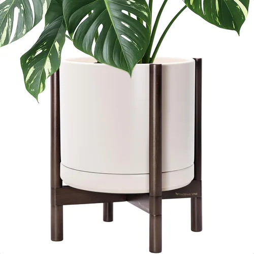 Vista 101 de D'vine Dev Maceta de cerámica con soporte de ébano – Maceta redonda moderna de 8 pulgadas con soporte para maceta de madera, color negro, 55-B-M-2