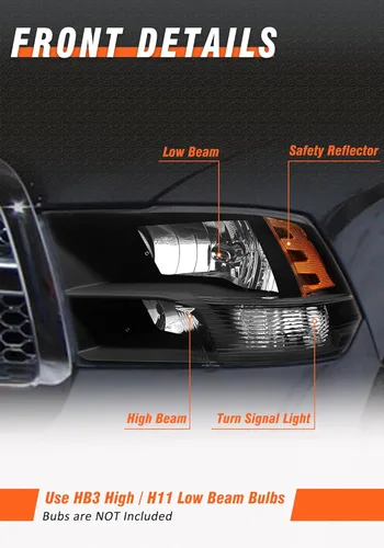 Vista 4 de Juego de faros delanteros 2009-2018 Dodge Ram 1500, 2010-2018 Dodge Ram 2500/3500 estilo cuádruple y doble con carcasa negra y reflector ámbar