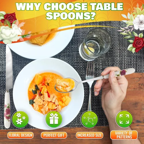 Vista 53 de Juego de 6 cucharas de café con mango de cerámica – Cucharas pequeñas de postre de 6.1" con diseño floral – Cuchara de acero inoxidable para té