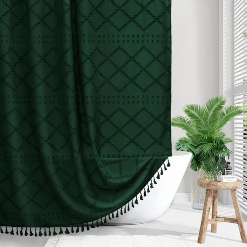 Vista 32 de Siiluminisoy - Cortina de ducha pequeña estilo boho para cubículo, de tela tejida con borla blanca, 36 x 72 pulgadas, tamaño medio, con diseño