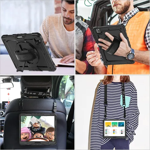 Vista 5 de SEYMAC stock Funda para iPad Pro de 12.9'' 2022/2021/2020/2018 con protector de pantalla giratorio 360 y correa de mano, funda a prueba de caídas