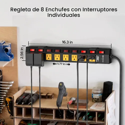 Vista 2 de CRST - Regleta metálica de 8 salidas con interruptores individuales, 15A/1875W, 6 pies