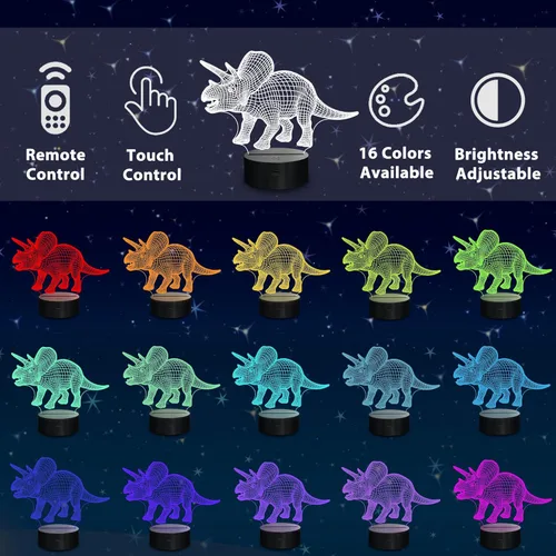 Vista 2 de CooPark Luz nocturna decorativa de dinosaurio 3D, 4 patrones con control remoto, 16 cambios de color, regalos de dinosaurio para niños
