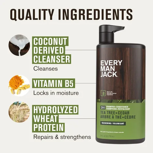 Vista 5 de Every Man Jack 2-en-1 Champú + Acondicionador de Árbol de Té y Cedro - Engrosar, Limpiar e Hidratar el Cabello con Coco, Aloe, Aceite de Árbol de Té