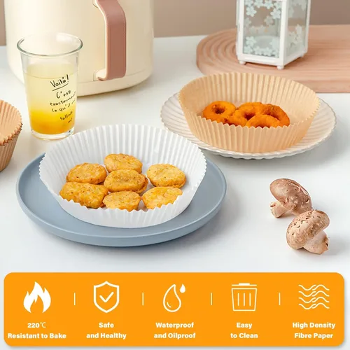 Vista 5 de 50 forros de papel desechables para freidora de aire de 8 pulgadas, redondos de pergamino natural, antiadherentes, a prueba de aceite, impermeable