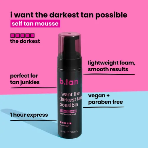 Vista 3 de b.tan Mousse autobronceador ultra oscuro Quiero el bronceado más oscuro posible - Espuma bronceadora sin sol de 1 hora de expresión rápida, brillo