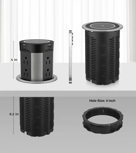 Vista 7 de Toma de corriente emergente para encimera, cargador inalámbrico de 15W PD 45W, 2 USB-A y 2 USB-C y 8 tomas de CA 15A resistentes a manipulaciones