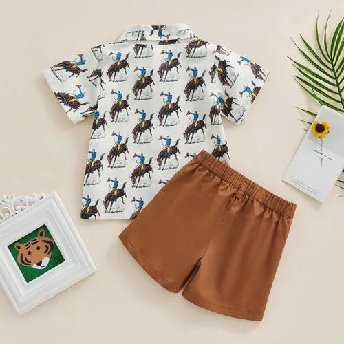Vista 7 de Conjunto de camisa de manga corta con botones y pantalones cortos para bebé y niño, con estampado de verano