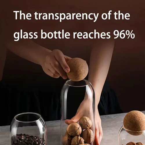 Vista 2 de Botellas de vidrio transparente de 18.6 fl oz/18 onzas, recipientes de almacenamiento de alimentos de vidrio con corcho redondo hermético, soporte