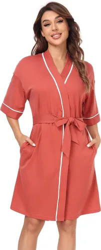 Vista 38 de COLORFULLEAF Bata de baño de manga corta para mujer, 100% algodón, longitud hasta la rodilla, con bolsillos