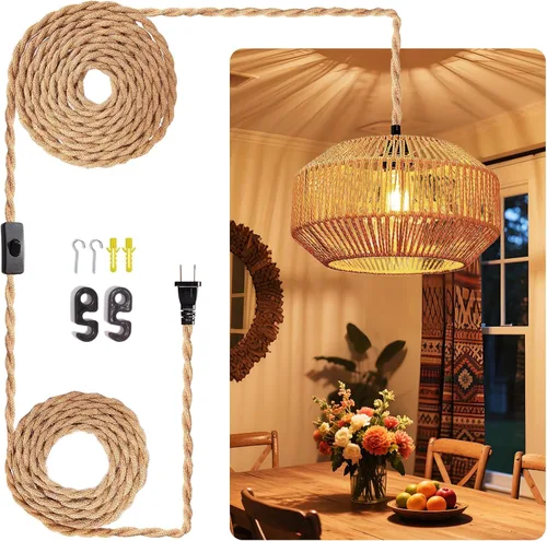 Vista 13 de Lámpara colgante de ratán - iluminación colgante de 16.4 pies con cable enchufable, enchufe a toma de pared, interruptor de encendido y apagado