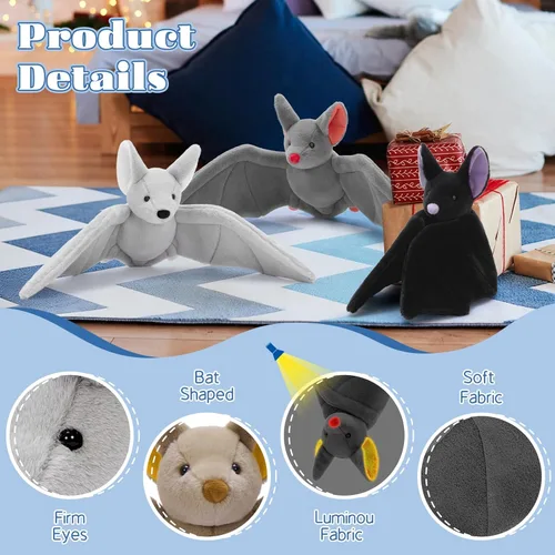 Vista 7 de Tezituor 4 Pcs Large Bat Stuffed Animals Set, 22 Inch Realistic Big Stuffed Bat Plush Grow in the Dark for Party Decoration, Cute Bat Plush Bulk for