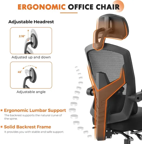 Vista 5 de Silla de oficina para computadora Sweetcrispy, sillas ergonómicas de malla con respaldo alto, giratorias y con ruedas, soporte lumbar cómodo, brazos