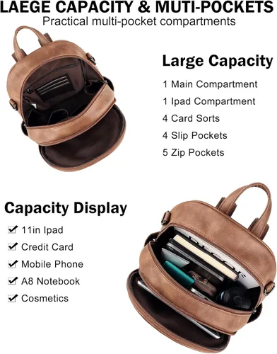 Vista 5 de FADEON Mochila pequeña para mujer, diseño de piel sintética, espaciosa, mini mochilas, multibolsillo, mochila de hombro a la moda, Mochilas Daypack