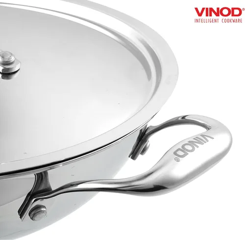 Vista 4 de Vinod Platinum Kadai Triply acero inoxidable Adecuado para cocina india, salsas, guisos, sopas Kadai profundo/extra profundo con tapa