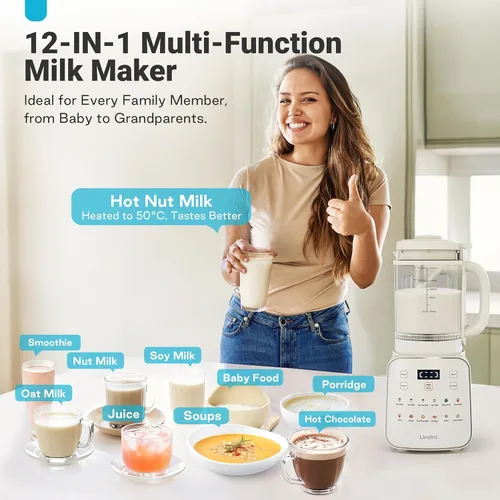Vista 7 de Máquina para fabricar leche de nuez de 50.73oz: Máquina automática de leche de soja 12 en 1 con diseño desmontable, jugo casero, almendras, leches